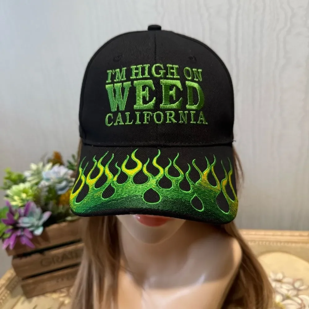 High On Weed California Adjustable Embroidered Cap Black Green Flames Unisex OS
